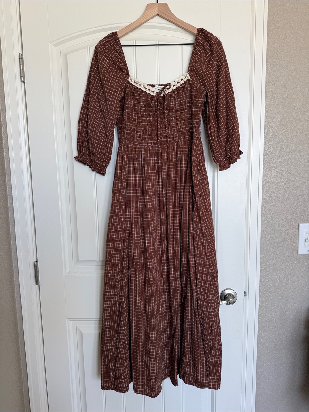 Neuflora Dublin Rust Plaid Maxi Dress with Lace Trim